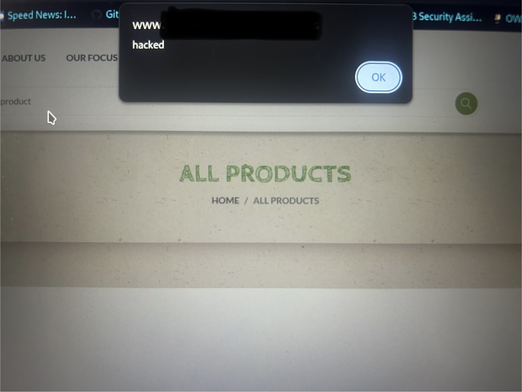 Sanitized: browser alert confirming reflected XSS
